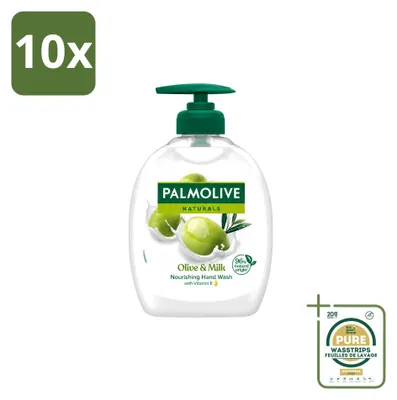 Immagine prodotto di 10 confezioni di sapone liquido per le mani Palmolive, profumo di latte e olive, da 300 ml ciascuna. Confezione da 10 pezzi