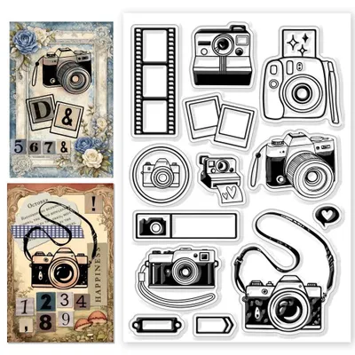 Productafbeelding van Stempelset - Motieven: reiskamera en film - Geschikt voor journaling en scrapbooking