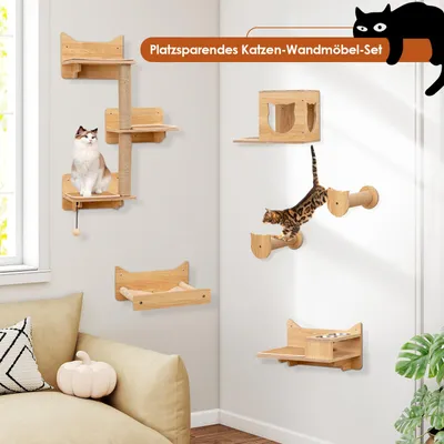 Image de COSTWAY 6 PCS Mur d'escalade pour chats, arbre à chat avec plates-formes, gamelle, maison pour chats, hamac, 2 poteaux à griffer & balle, arbre à chat mural, meubles pour chats nature