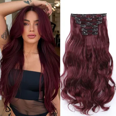 Immagine prodotto di Estensioni per capelli a clip, lunghezza 48 cm, ondulati, in fibra sintetica, color borgogna, confezione da 6 pezzi con 16 clip