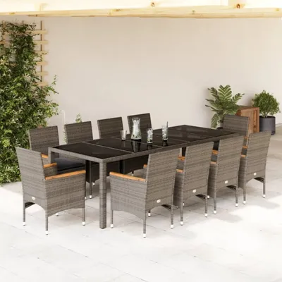 Produktbild von Möbel 11-tlg. Garten-Essgruppe mit Kissen Grau Poly Rattan Glas - Sitzgruppe 3278736