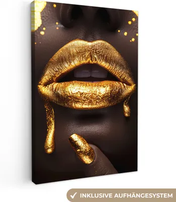 Produktbild von MuchoWow® - Leinwandbilder - Goldene Lippen - Gesicht - Frau - Modern, Wandbild, Wanddeko Bilder Wohnzimmer, 20x30 cm
