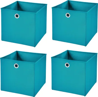 Four turquoise storage boxes are arranged in a 2x2 grid against a white background.