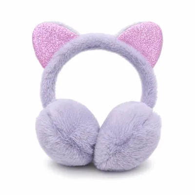 Produktbild von Kinder Ohrenschützer Flieder mit rosa Glitzer-Katzenohren – Flauschige Ohrenwärmer für Kinder, weiche Winter Ohrwärmer im Katzen-Design, KI-generiertes Bild