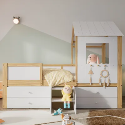 A child's bed with a house-like structure, a ladder, and drawers, decorated with toys.