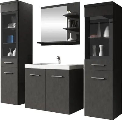 A modern bathroom vanity set with a sink, mirror, and storage cabinets.