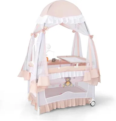 Imagen del producto de Cuna para bebé 4 en 1 con colchón, cuna auxiliar con dosel desmontable, arco de juegos y caja de música, cuna de viaje para bebé con ruedas, cuna de viaje para niños de 0 a 36 meses (rosa)