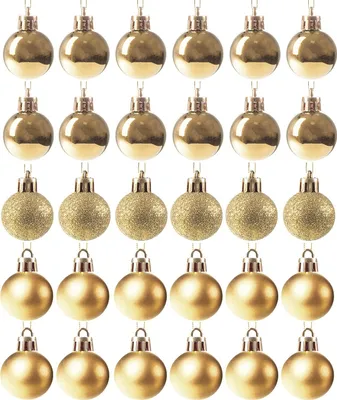 A grid of gold Christmas ornaments on a white background.