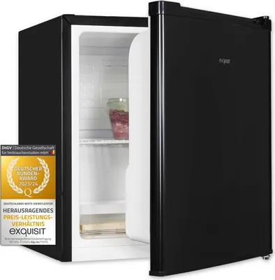 A black mini refrigerator with its door ajar, revealing its interior and a jar of food. A promotional award badge is attached to the left side of the refrigerator.