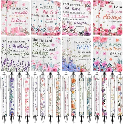 Productafbeelding van Set christelijke geschenken bulk voor vrouwen mannen - Set van 16 - Bijbelvers Balpennen Religieuze Notitieboekjes