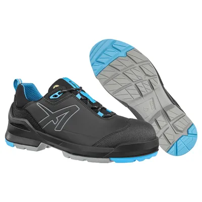 A pair of black and blue work shoes, with one shoe shown from the side and the other shown from the sole.