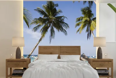 Produktbild von MuchoWow® Fototapete für Wohnzimmer oder Schlafzimmer Wandtapete Vinyl Motivtapete Palmen und Liegestühle am Strand von Boracay - 220x220 cm - Tapeten