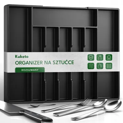 Produktbild von Kuketo | Verstellbarer Besteckkasten 33–57 cm Schwarz – Ausziehbarer Schubladenorganizer Mit 7 Fächern Für Besteck Und Küchenutensilien