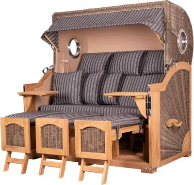 Produktbild von Strandkorb - bene living - Ammersee Grande XXL Teak Bullauge - PE grau - Modell 500 - 3-Sitzer inkl. Liftersystem