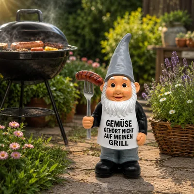 Produktbild von Gartenzwerg Grillmeister 45 cm aus Kunstharz mit Grillzange & Wurst – Lustige wetterfeste Gartenfigur für Garten, Balkon & Terrasse