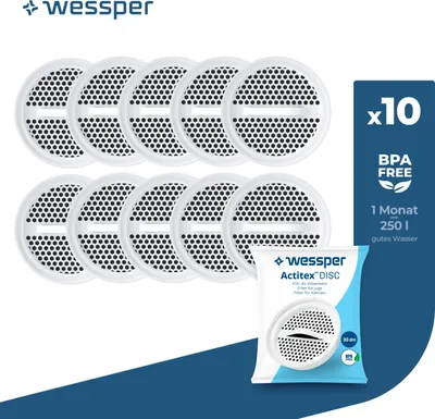 A product image showing a pack of 10 water filter discs, with a single disc shown in packaging and the rest arranged in the background. There is also text overlay indicating quantity and product benefits.