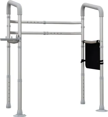Image de HOMCOM Cadre toilette sécurisé, barre d'appui WC, avec accoudoirs, largeur et hauteur réglables, support de maintien, pochette rangement, barre d'appui toilette, gris