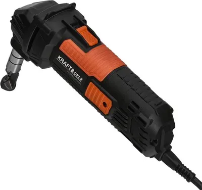 A black and orange electric sheet metal shear is shown against a white background.