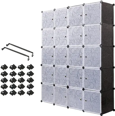 Produktbild von Mondeer Kleiderschrank 20 Kubus Kunststoff Kleiderschrank Regalsystem mit 2 Kleiderstange Garderobenschrank Kombischrank 145*180*37cm Schwarz