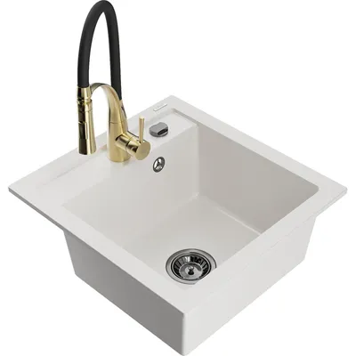Obrázek produktu pro Mexen Matias 1,5-miskový granitový dřez s odkapávačem a kuchyňskou baterií Aster, Bílá - 6502-20-73450-57-B