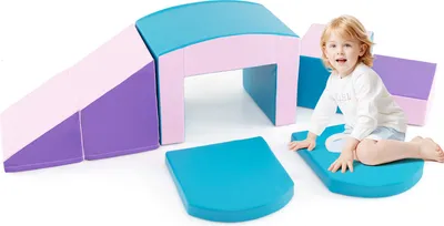 Produktbild von DREAMADE 6-teiliges Schaumstoff-Baustein-Set, Kletterspielzeug für Kinder mit wasserdichter Kunstlederhülle und Klettverschlüssen, wandelbares Design für unendliche Kombinationen