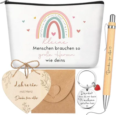 Productafbeelding van Afscheidsgeschenken voor leraren - Set van 5 - Make-uptas - Sleutelhanger - Houten pen - Hartvormige label - Envelop