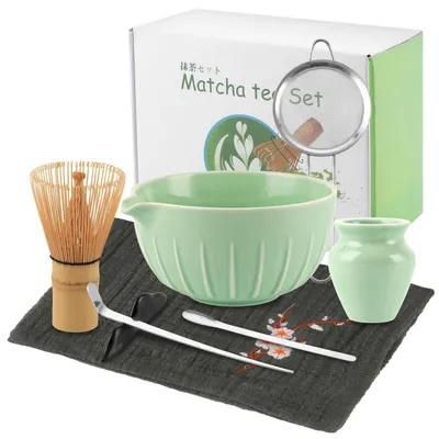 Image de Ensemble matcha, 8 pièces : bol en céramique avec bec verseur, fouet en bambou, cuillère, tamis, couleur rose