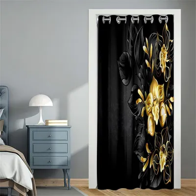 Image de Rideau de porte occultant avec œillets, 168x229 cm, noir et or. Rideau thermique, séparateur de pièce