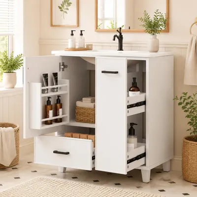 Produktbild von Flieks Waschtischunterschrank mit seitlicher Auszug mit zwei Ebenen, integriertes Keramikwaschbecken, Waschtisch, Badezimmerschrank, Weiß
