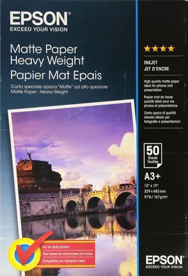 Produktbild von Epson Matte Paper-Heavy Weight, DIN A3+, 167 g/m2, 50 Blatt, Tintenstrahldrucker, A3+ (330x483 mm), Matt, 50 Blätter, 167 g/m², Weiß