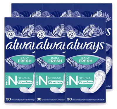 Produktbild von 6 x Always Daily Fresh Slipeinlagen - Normal - Unparfümiert - Vorteilspackung - 6 Stücke
