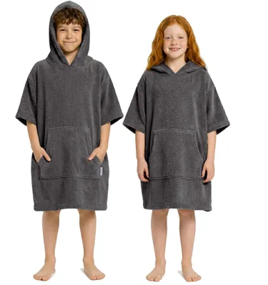 Produktbild von CalmyBEACH Frottee Badeponcho Kinder Bademantel - Anthrazit 10-13 Jahre 100% Baumwolle