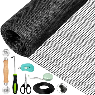 Image de Moustiquaire pour fenêtre, dimensions 300 x 120 cm, couleur noire, découpable, résistante à la déchirure, kit de réparation inclus