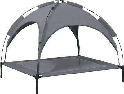 A gray dog bed with a canopy, shown on a white background.