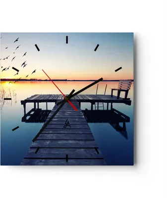 Produktbild von Wanduhr - Quadrat - Glasuhr - See Brücke - 30x30cm - Schleichendes Uhrwerk - Lautlos - zum Aufhängen bereit - Dekoration Modern - Wanddekoration aus Glas - C3AC30x30-3698