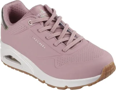 A single pink Skechers sneaker is shown against a white background.