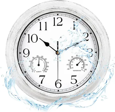 Productafbeelding van PromoHome® 30 cm waterdichte wandklok voor buiten, met thermometer en hygrometer, stille vintage witte wandklok voor badkamer, garage