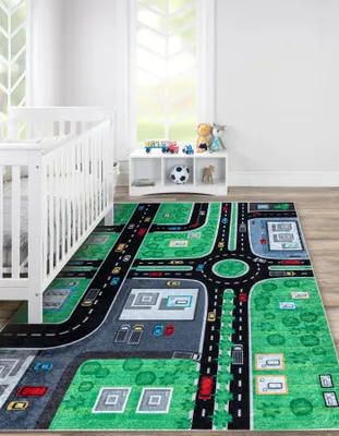 Zdjęcie produktu dla Dywan do prania JUNIOR 52052.802 Miasto, uliczki dla dzieci, antypoślizgowy -  / czarny zielony 200x290 cm