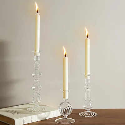 Produktbild von Kerzenständer Set aus 3 transparentem Glas, Stabkerzenhalter, europäischer Stil, 27/19,5/14 cm