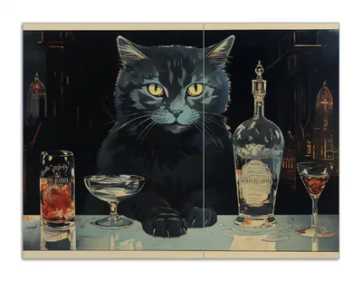 Produktbild von Wallario Herdabdeckplatte aus Glas, Größe 70 x 52 cm 2-teilig, Motiv Katze an der Bar