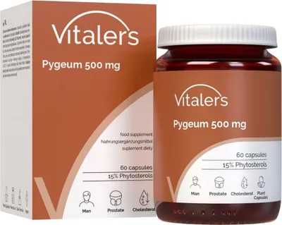 Produktbild von Vitaler's Pygeum 500 mg – 60 Kapseln, vegan, 1 Monat Einnahme, ohne Konservierungsstoffe, reine Zusammensetzung