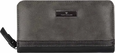 A flat lay of a gray and black wallet.