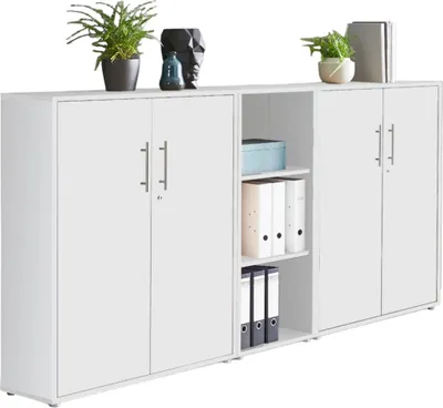A white cabinet with multiple doors and shelves, decorated with plants and decorative objects.