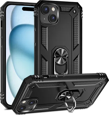 Produktbild von Schutzhülle für iPhone 15 Plus, Dual Layer Militäre Fallschutz Hülle mit Ringhalterung Ständer für iPhone 15 Plus Schwarz