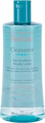 A bottle of Avène Cleanance Micellar Water against a white background.