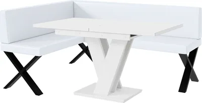 Produktbild von MEBLINI Eckbank für Esszimmer mit ausziehbarem Tisch  - Küchenbank - Essecke - Sitzecke Küche - TONI - X-Beine 128x168x87cm Links - Weiß Kunstleder/M Weiß Matt