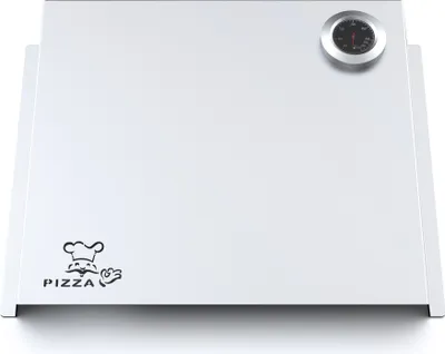 A stainless steel pizza oven attachment with a thermometer on a white background.