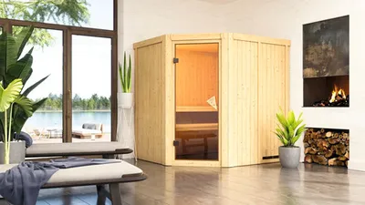 Produktbild von Elementsauna Karibu Siirina ohne Ofen und Dachkranz mit bronzierter Ganzglastüre