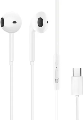 A pair of white in-ear headphones with a USB-C connector, shown against a white background.