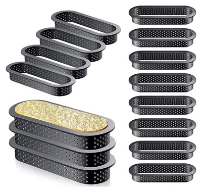 Produktbild von 12 Stück 5 Zoll ovale Törtchenringe, hitzebeständig, perforiert, für Kuchen und Mousse, antihaftbeschichtetes Backgeschirr, Törtchen, Mini-Kuchenform, Tortenringe zum Backen von Torten, Quiche, Käsekuchen, Desserts